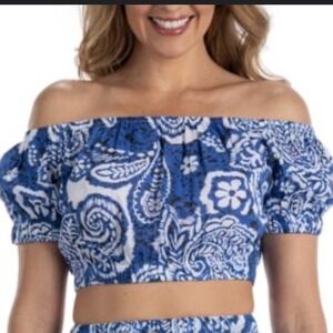 Dotti Women's Blue White Paisley‎ Print Off Shoulder Crop Top Cover Up